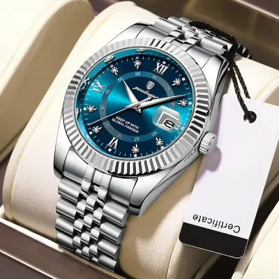 POEDAGAR Luxury Watch (Silver & ice Blue) 507- with Free Gift Box & Chain Cutter