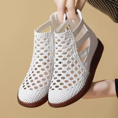 GENUINE LEATHER HOLLOW SANDALS WOMEN WHITE