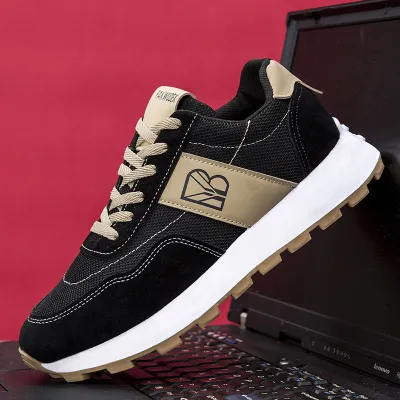 Breathable Thick Sole Men’s Mesh & Leather Round-Toe Sneakers