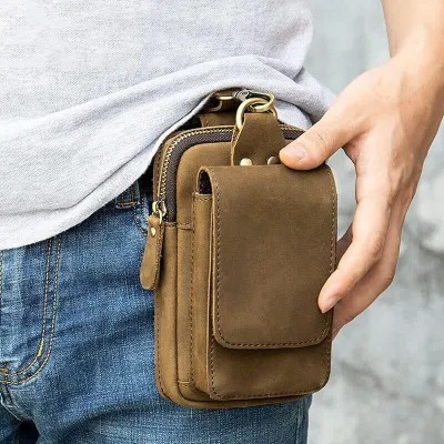 Genuine Leather Mobile Phone Waist Bag – Cowhide Belt Pouch for Men