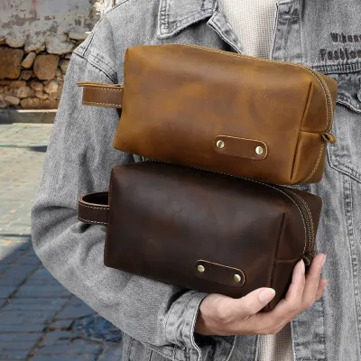 Genuine Leather Travel Storage Bag | Vintage Cowhide Clutch with Hand Loop