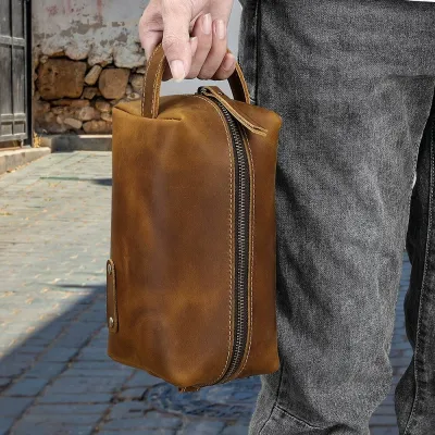 Genuine Leather Travel Storage Bag | Vintage Cowhide Clutch with Hand Loop