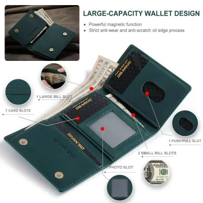Multifunctional Tri-Fold Magnetic Leather Short Card Wallet – Retro Slim Design