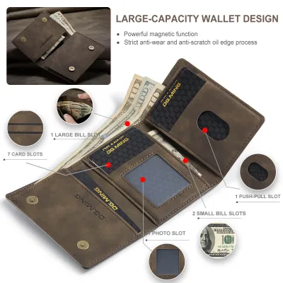 Multifunctional Tri-Fold Magnetic Leather Short Card Wallet – Retro Slim Design