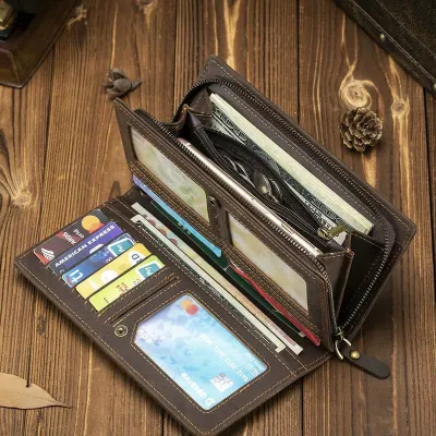 Genuine Crazy Horse Leather Long Wallet – Zipper Business Clutch