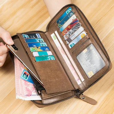 Genuine Leather Business Zipper Wallet | Retro Cowhide Long Wallet