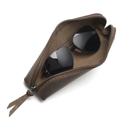 Crazy Horse Leather Zipper Glasses Case & Pen Pouch | Retro Genuine Leather