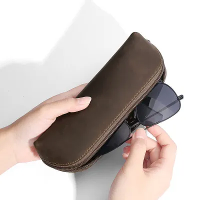 Crazy Horse Leather Zipper Glasses Case & Pen Pouch | Retro Genuine Leather