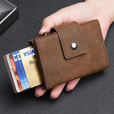 Crazy Horse Genuine Leather RFID Metal Box Pop-Up Card Holder Wallet