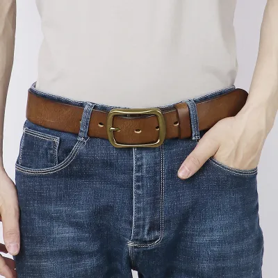 Genuine Leather Cowhide Handmade Belt for Men – Retro Style with Solid Copper Pin Buckle 