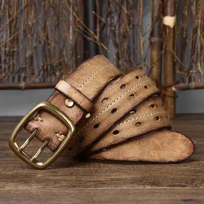 Handmade Genuine Cowhide Leather Belt for Men – Retro Double Pin Copper Buckle