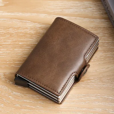 RFID Automatic Pop-Up Leather Card Holder | Double-Layer Aluminum Alloy Card Wallet