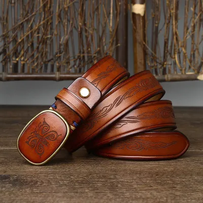 Men's Retro Laser Engraved Genuine Leather Belt – Smooth Buckle Cowhide Casual Style