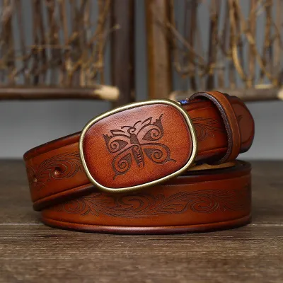 Men's Retro Laser Engraved Genuine Leather Belt – Smooth Buckle Cowhide Casual Style
