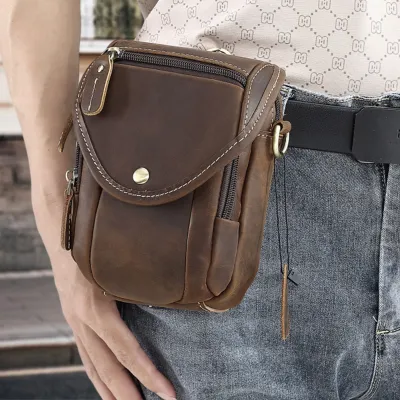 Genuine Leather Vintage Waist Bag – Retro Crossbody Mobile Phone Pouch for Men