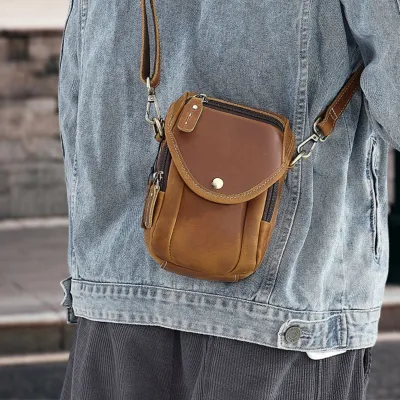 Genuine Leather Vintage Waist Bag – Retro Crossbody Mobile Phone Pouch for Men