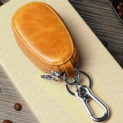 Genuine Leather Car Key Holder – Double Layer Cowhide Zipper Key Case