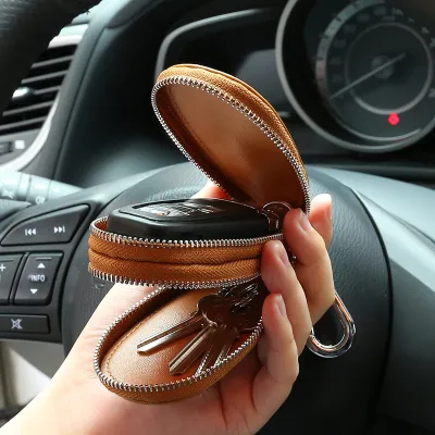 Genuine Leather Car Key Holder – Double Layer Cowhide Zipper Key Case