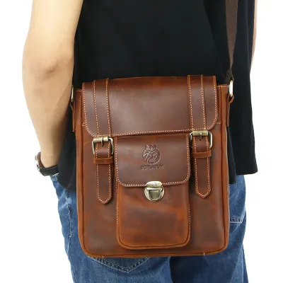 Genuine Crazy Horse Leather Messenger Bag – Retro Crossbody Shoulder Bag for Men