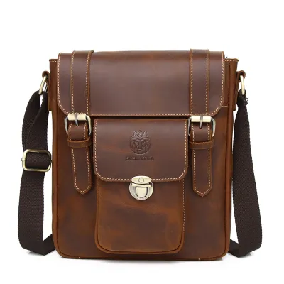 Genuine Crazy Horse Leather Messenger Bag – Retro Crossbody Shoulder Bag for Men