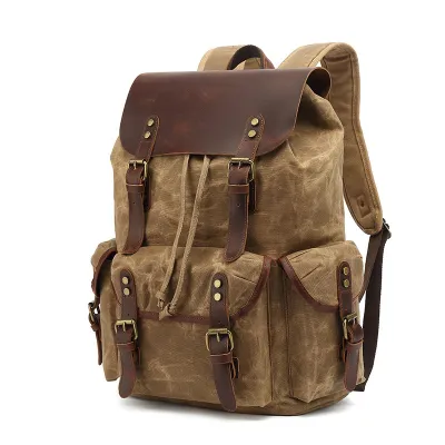 Retro Waxed Canvas Backpack for Men – Travel & Laptop Bag with Crazy Horse Leather