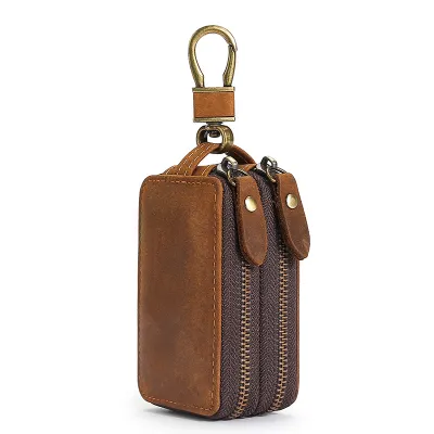 Genuine Cowhide Leather Car Key Case – Double Zipper Key Holder with Waist Clip | Retro Multifunctional Key Cover