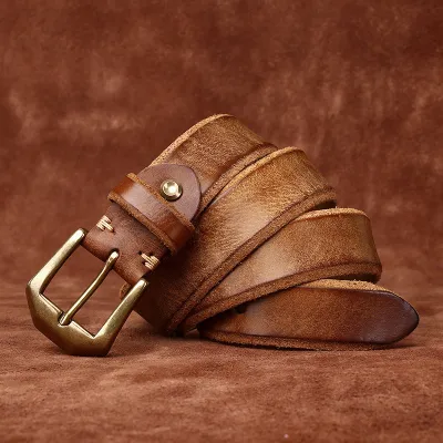Genuine Leather Men’s Belt –  Cowhide Leather with Solid Copper Buckle | Extra Thick Vintage Handmade Belt