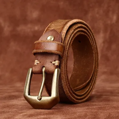 Genuine Leather Men’s Belt –  Cowhide Leather with Solid Copper Buckle | Extra Thick Vintage Handmade Belt
