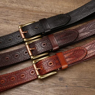Genuine Leather Retro Embossed Men’s Belt – Double-Sided Thick Cowhide with Copper Pin Buckle
