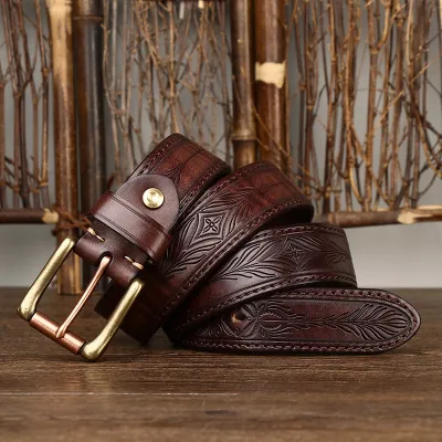 Genuine Leather Retro Embossed Men’s Belt – Double-Sided Thick Cowhide with Copper Pin Buckle