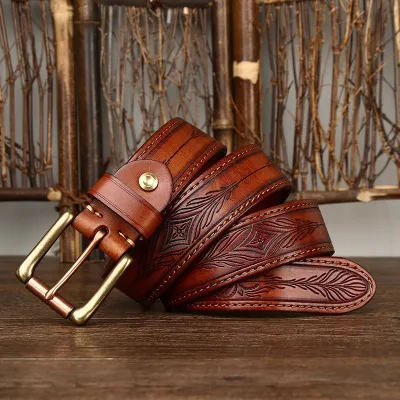 Genuine Leather Retro Embossed Men’s Belt – Double-Sided Thick Cowhide with Copper Pin Buckle
