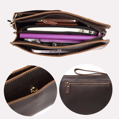 Genuine Leather Long Clutch Bag – Crazy Horse Leather Business Multifunctional  Handbag