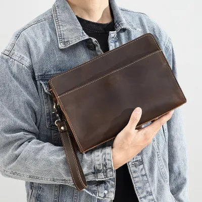 Genuine Leather Long Clutch Bag – Crazy Horse Leather Business Multifunctional  Handbag