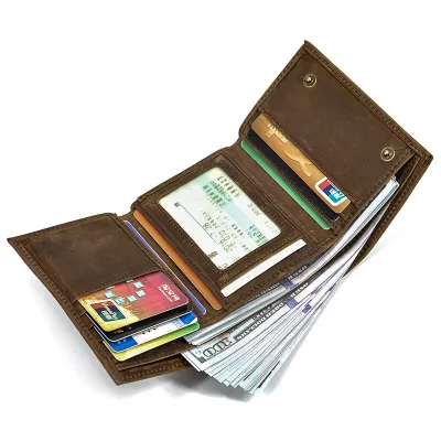Genuine Leather Vintage Men’s Trifold Wallet – Crazy Horse Leather Coin Purse with Card & Key Slots, Iron Chain