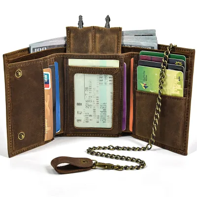 Genuine Leather Vintage Men’s Trifold Wallet – Crazy Horse Leather Coin Purse with Card & Key Slots, Iron Chain