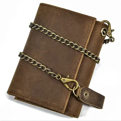 Genuine Leather Vintage Men’s Trifold Wallet – Crazy Horse Leather Coin Purse with Card & Key Slots, Iron Chain