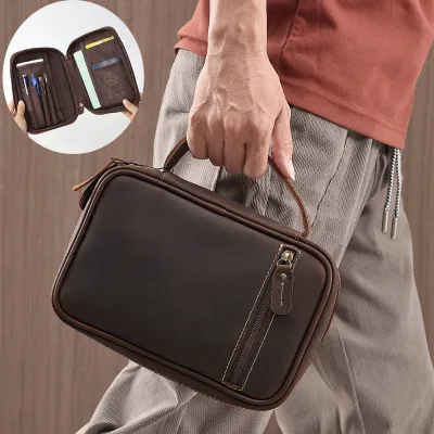 Genuine Leather Vintage Hand-Held Storage Bag – Crazy Horse Cowhide Leather Bag