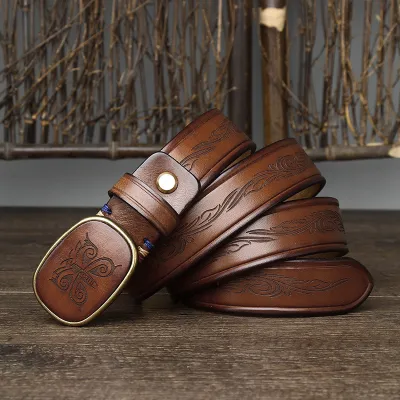 Men's Retro Laser Engraved Genuine Leather Belt – Smooth Buckle Cowhide Casual Style