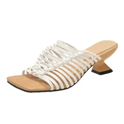 Strap Hollow Thick Heel Slippers