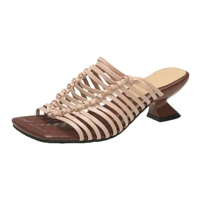 Strap Hollow Thick Heel Slippers