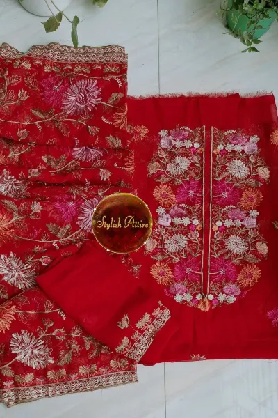 Pakistani Bareeza Unstitched Chiffon 2Pcs_ RED