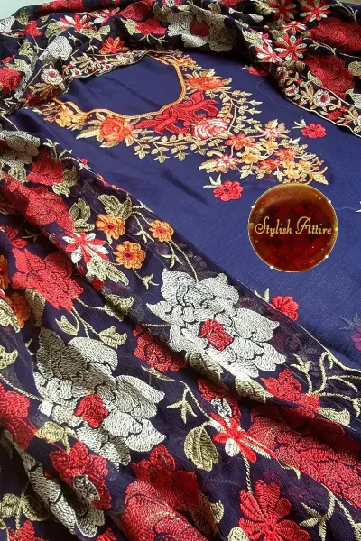 Pakistani Bareeza Unstitched Chiffon 2Pcs _ Navy Blue