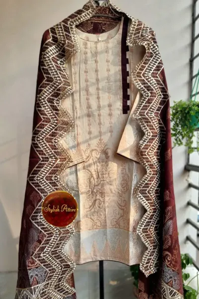 Pakistani Lawn Broshia Banarasi Stitched 3Pcs _Off White