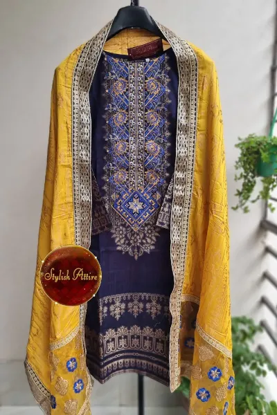 Pakistani Lawn Broshia Banarasi Stitched 3Pcs_ Navy Blue