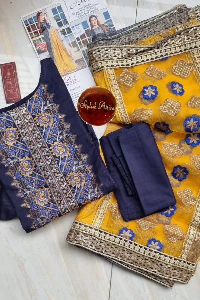 Pakistani Lawn Broshia Banarasi Stitched 3Pcs_ Navy Blue