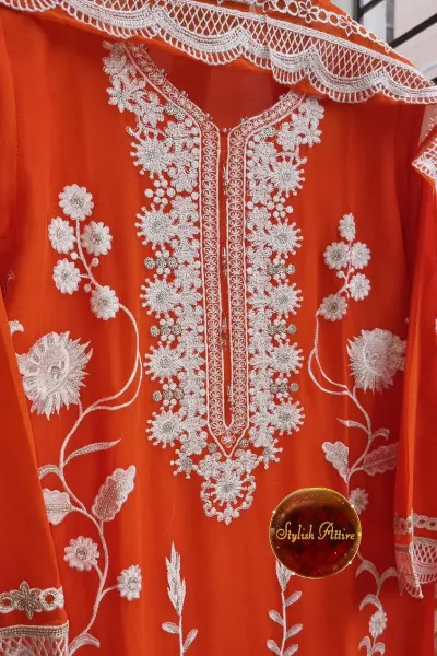 Pakistani Chiffon Stitched -2 Pcs_ Orange 