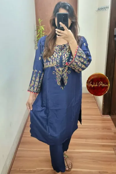 Pakistani Hayat's Stitched Cotail Lilen 2pcs _ Navy Blue