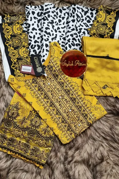 Pakistani Hayat's Luxury Linen Stitched 3pcs _ Mustard  Yellow 