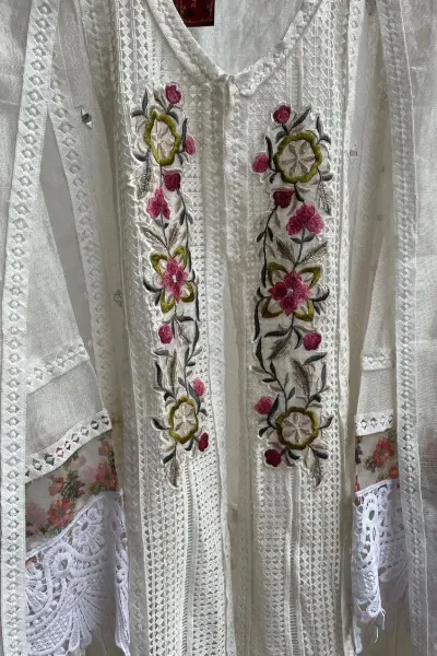 Pakistani Cotton Net Semi Stitched Gown 3pcs _ White 