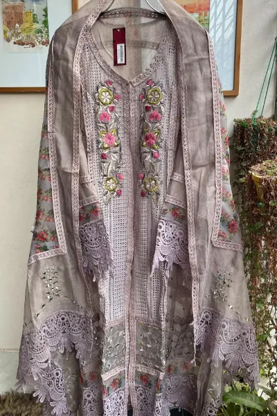 Pakistani Cotton Net Semi Stitched Gown 3pcs _ Gray  Red 